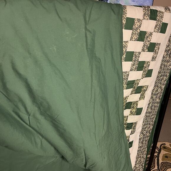 Vintage Quilt Optical Geometric Green and Blue 61x94 Check Chain Handmade - Picture 4 of 7